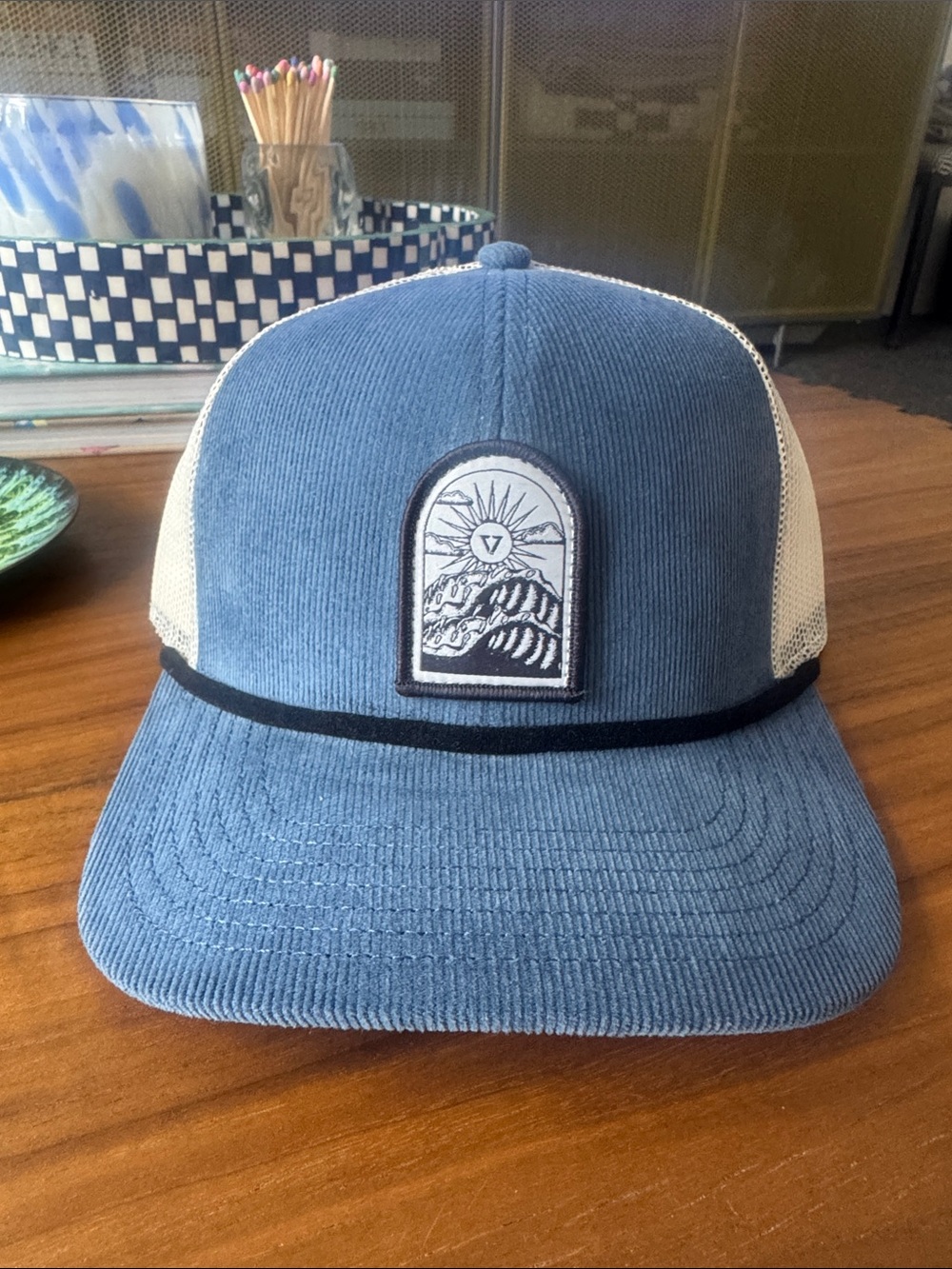 VISSLA Blue Corduroy Trucker Hat with Cream Mesh